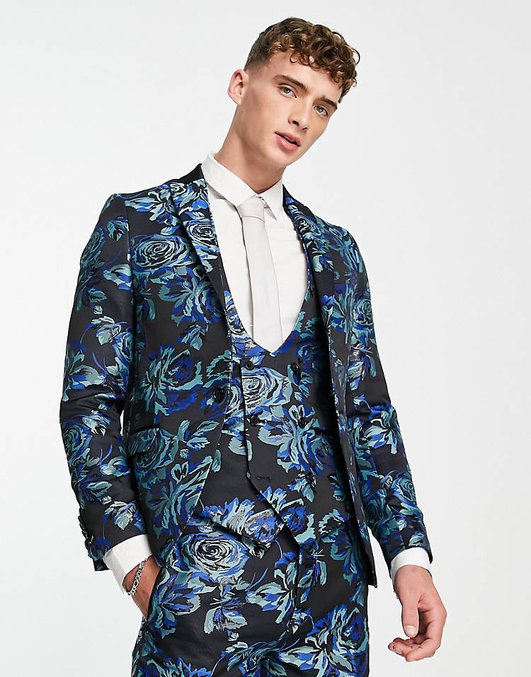 Twisted Tailor Owsley suit set in black with teal and mint floral jacquard